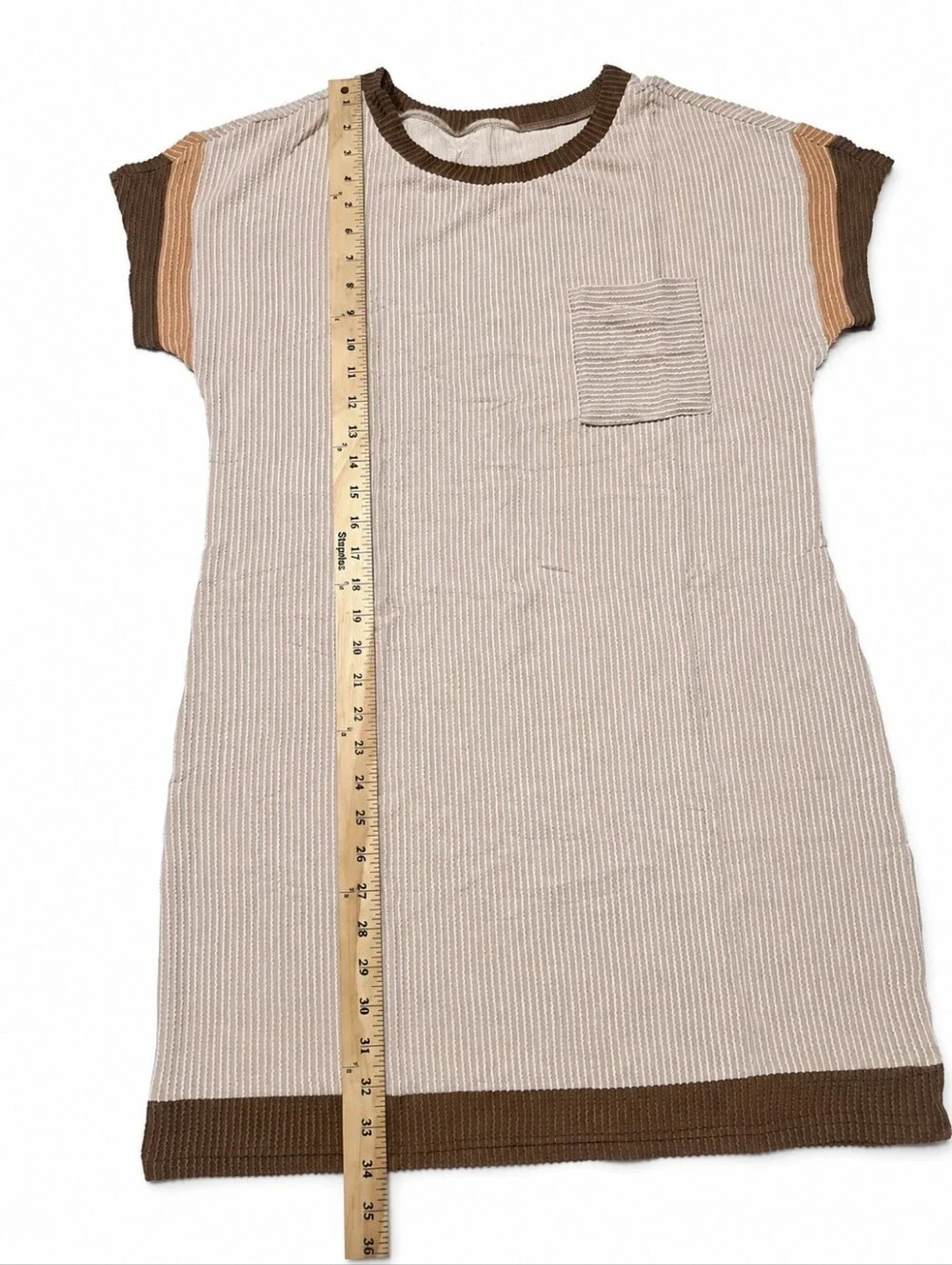 Women’s Brown Cream Striped Ribbed T-Shirt Dress Pocket Size M New